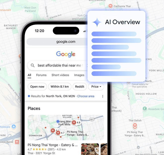 AI powered search engine recommending local businesses based on reviews, authority, and location signals.
